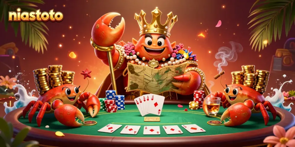 Experience the excitement at niastoto with a golden crab emperor and dynamic poker scene in this vivid illustration.