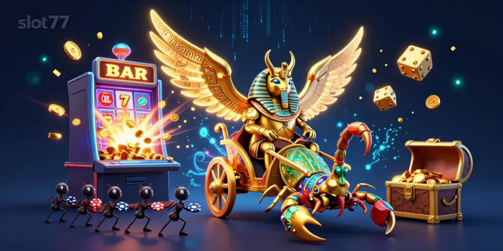Melihat slot77 dalam aksi dengan fitur jackpot yang berlimpah, dikelilingi karakter slot yang menarik dan elemen kasino lainnya.