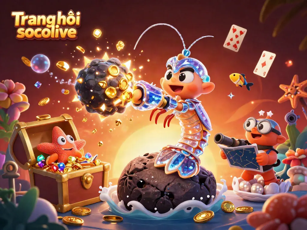 Engage with excitement at Trang chủ socolive, featuring a dynamic scene of a galactic mantis shrimp and treasure.
