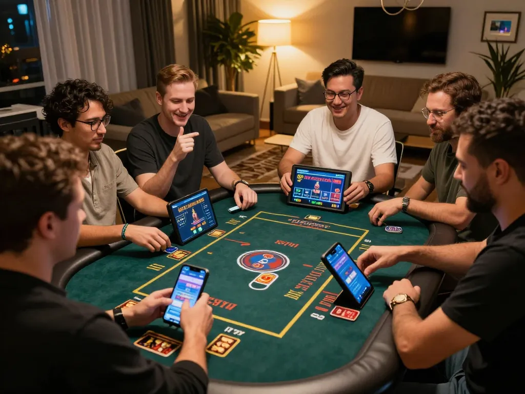 Players engaging in online casino games on 789win.com, celebrating wins in a lively home environment