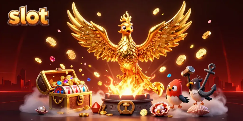 Experience thrilling slot gameplay with golden phoenix, sparrows, and sparkling coins in the illustration.