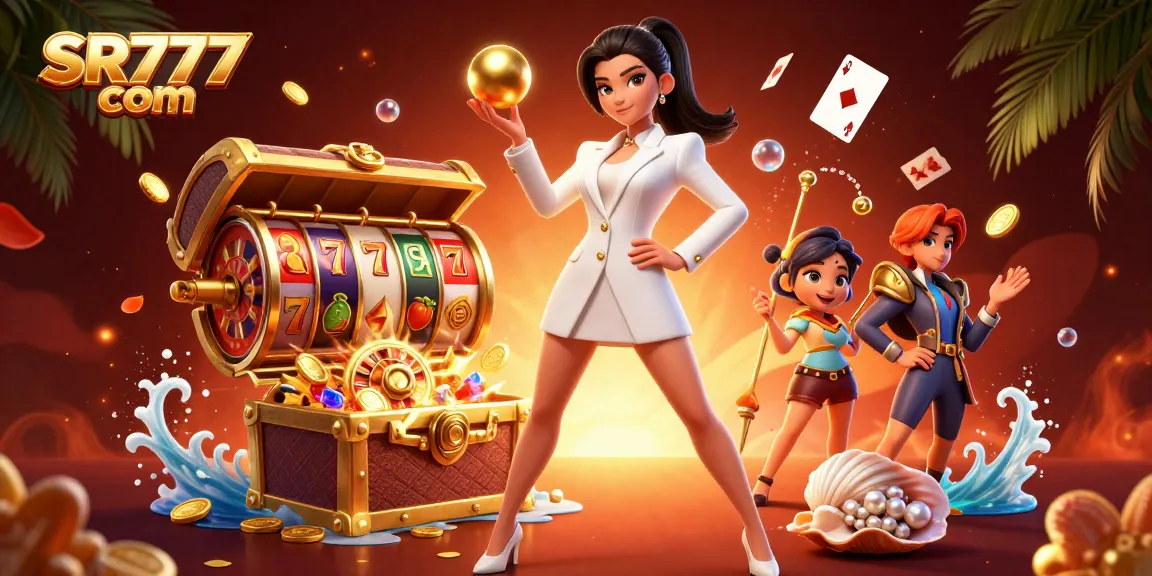 Rasakan sensasi permainan SR777 com dengan gulungan slot yang berwarna-warni dan dealer glamor di adegan kasino yang dinamis.