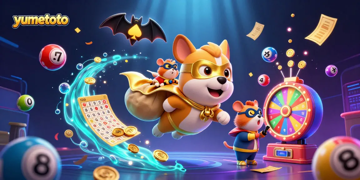 Experience exciting wins with yumetoto as a superhero dog flies through a colorful gambling scene.