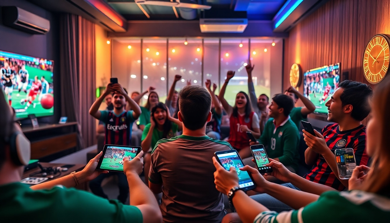 Excited fans enjoying lương sơn tv football matches on various devices in a vibrant atmosphere.