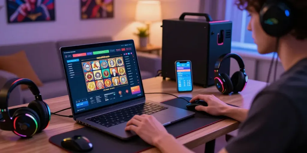 Pengguna aktif bermain toto slot di laptop dengan aksesori gaming modern