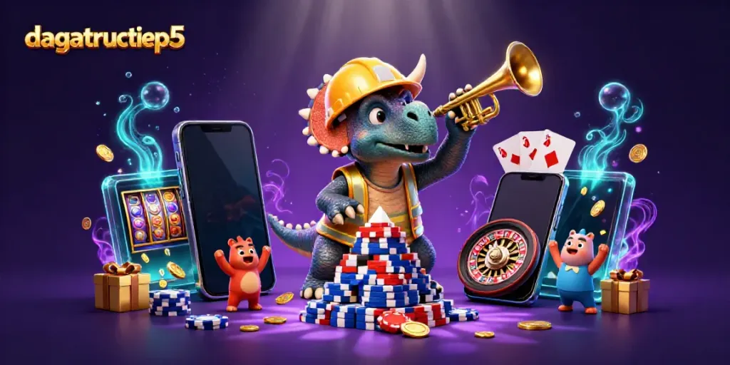 Experience the excitement of dagatructiep5 with a cartoon triceratops and festive casino theme.