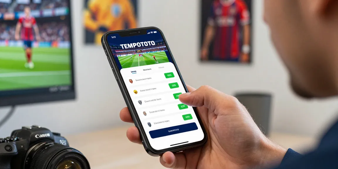Engaged user tapping TEMPOTOTO login for sports betting, showcasing vibrant interface and match schedules.