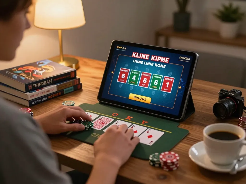 Engaged player using tablet for online blackjack at trang chủ fly88, showcasing home gambling atmosphere.