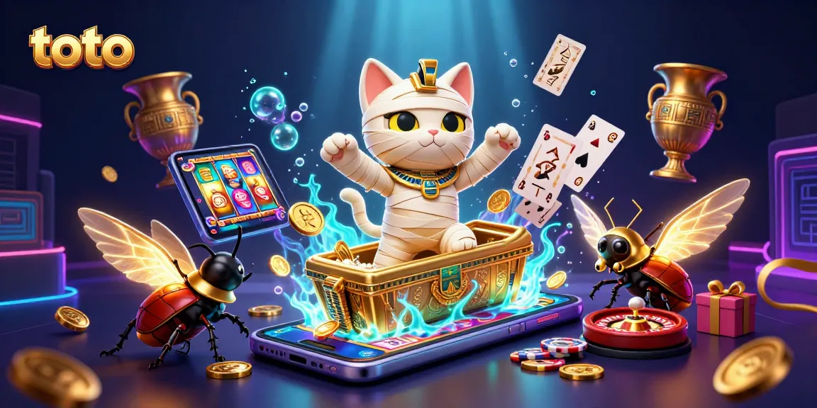 Experience the thrill of toto gaming with an Egyptian mummy cat amidst dazzling casino elements.