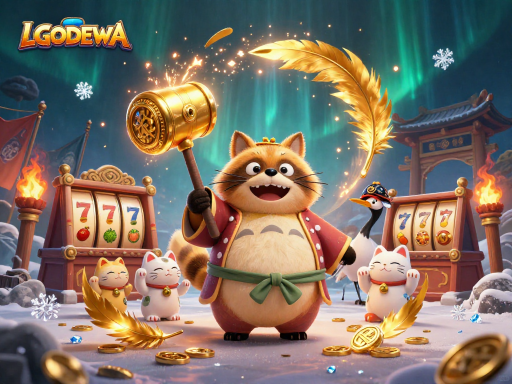 Join the excitement at LGODEWA with cheerful characters celebrating in a vibrant casino atmosphere.