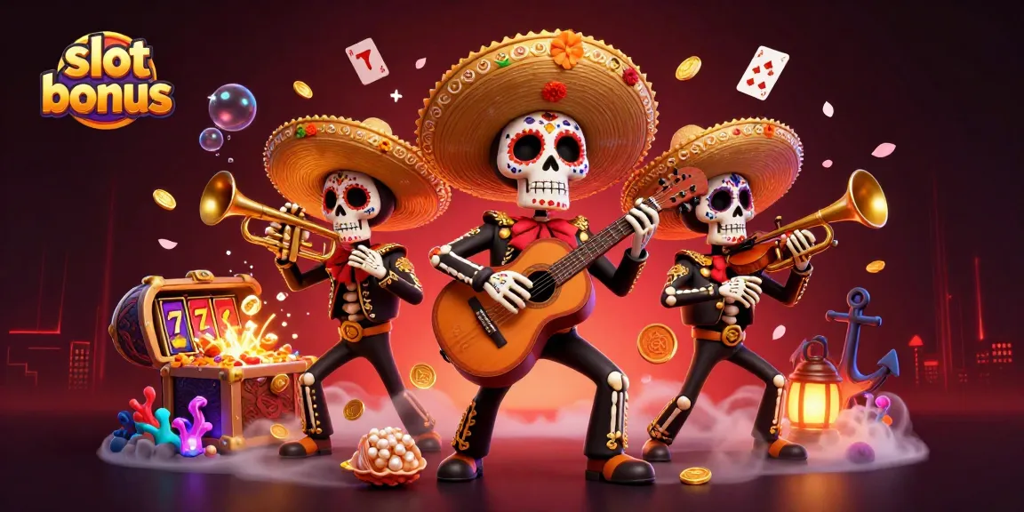 Slot bonus menghibur dengan band mariachi tengkorak bermain alat musik di tengah harta karun kasino