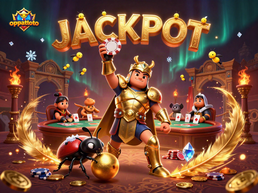 Enhance your gaming experience with oppatoto featuring a heroic beetle celebrating a poker win.
