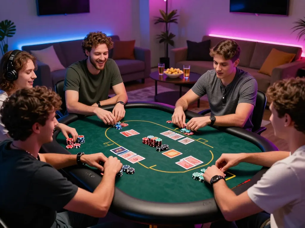Players enjoying a strategic poker game at home, highlighting competitive play inspired by https://xi88.global/.