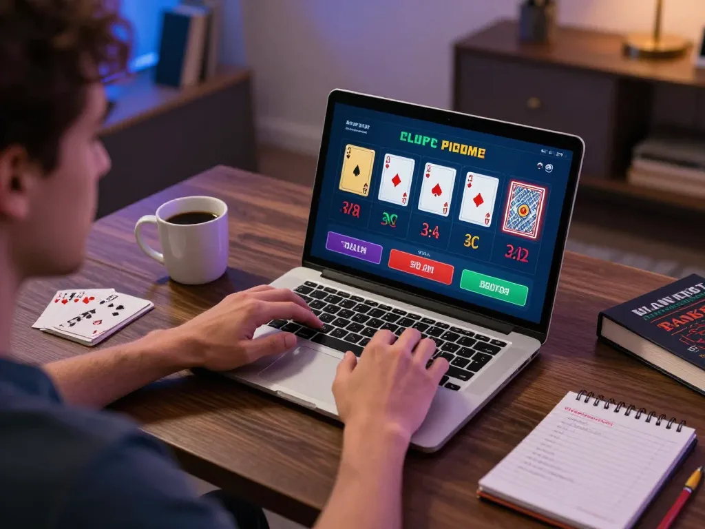Engaging in blackjack gameplay on nhà cái kong88 with laptop showing betting choices and strategic notes