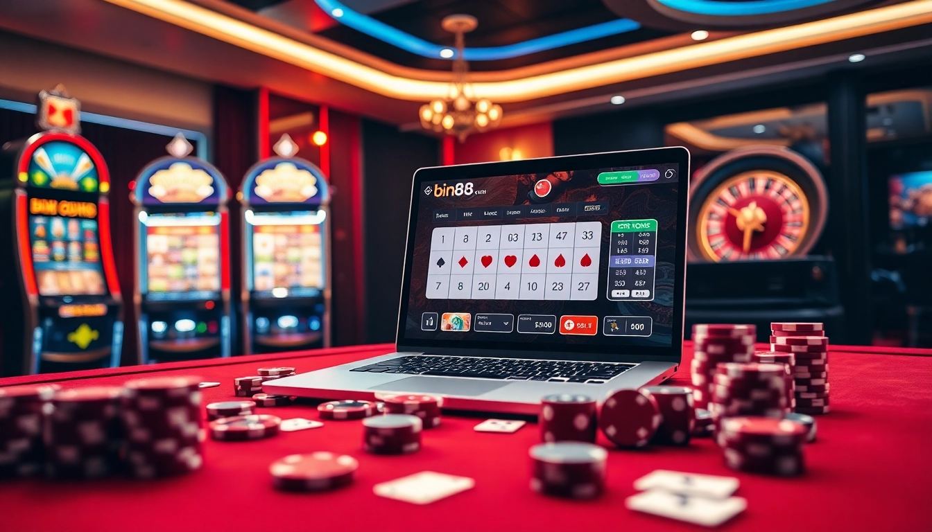 Players engaging in thrilling games at Bin88 online casino with vibrant tables and casino chips.
