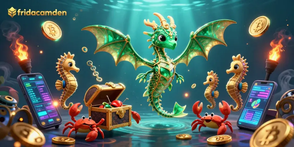 Win big with fridacamden as the vibrant underwater casino scene sparkles with slot reels and cryptocurrency coins.