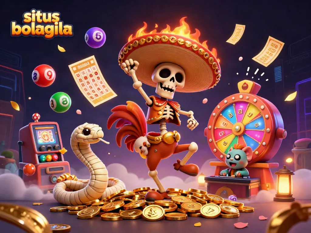 Join the excitement at situs bolagila with a vibrant victory scene featuring a dancing rooster and lottery elements.