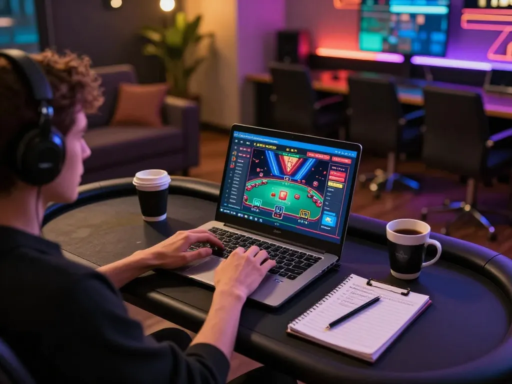 Engaged player at https://Zbetat.com/ using a laptop for online poker, showcasing strategy notes
