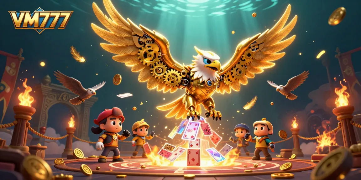 Experience thrilling gameplay with VM777's cybernetic eagle amidst vibrant casino elements.