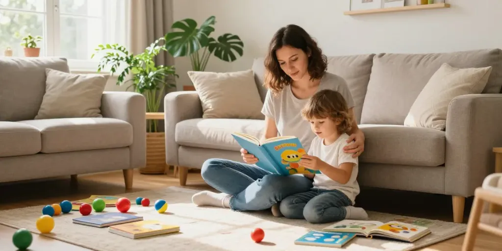 Seorang ibu membaca buku kepada anaknya dalam suasana hangat dengan tema jav sub indo ibu.