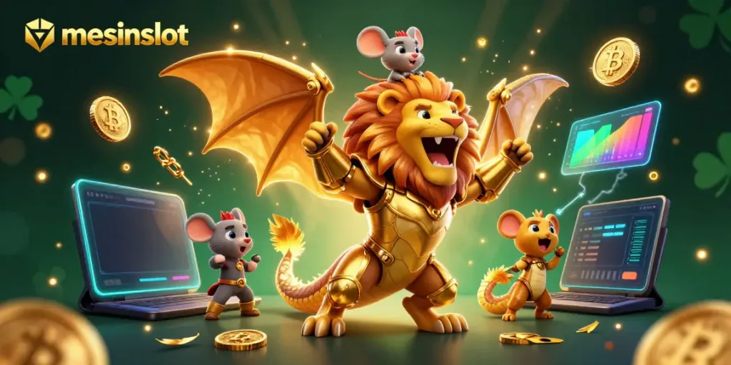 Engage in thrilling gameplay at mesinslot with vibrant 3D casino imagery showcasing slot machines and crypto elements.