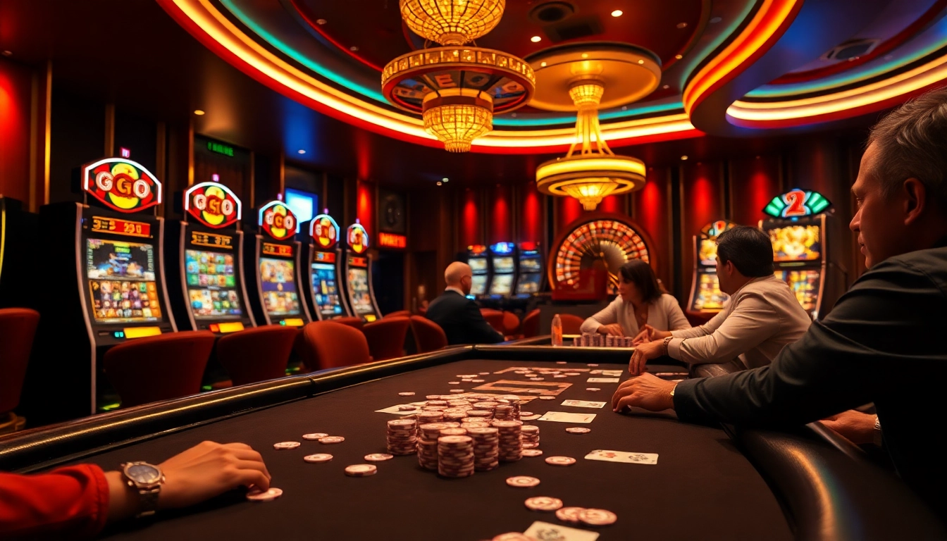 Players engage in an exciting poker game at a go8-themed casino table, surrounded by vibrant slot machines.