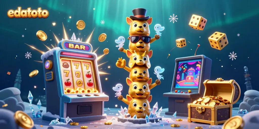 Experience gaming excitement with edatoto's dynamic totem pole and vibrant slot machine scene.