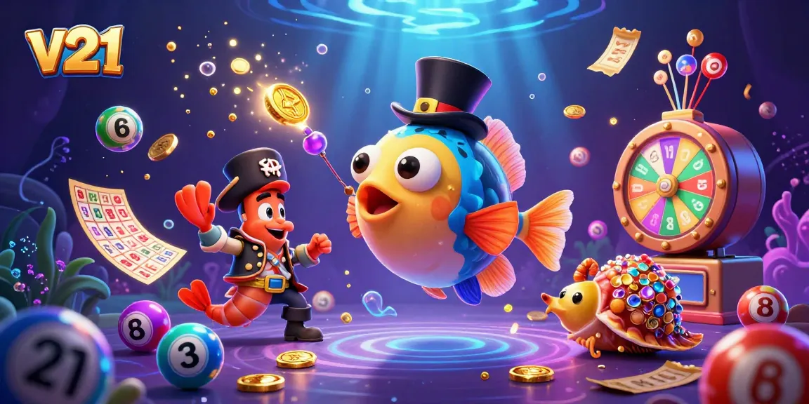 Visualisasi perjudian v21 dengan ikan pemancing laut dalam dan karakter unik lainnya dalam suasana penuh warna