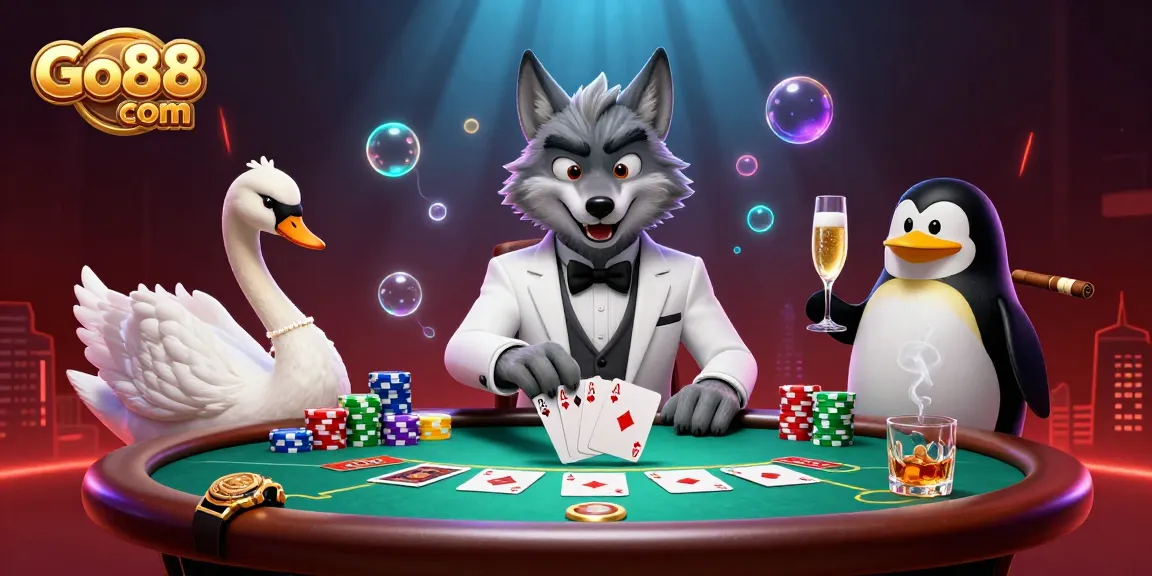Experience the excitement at Go88 com with a vibrant casino illustration showcasing playful gambling characters.