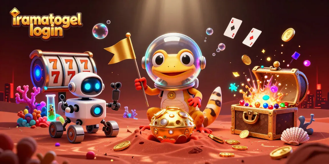 Gambar iramatogel login yang menarik dengan karakter gecko Martian dan elemen kasino yang kaya.