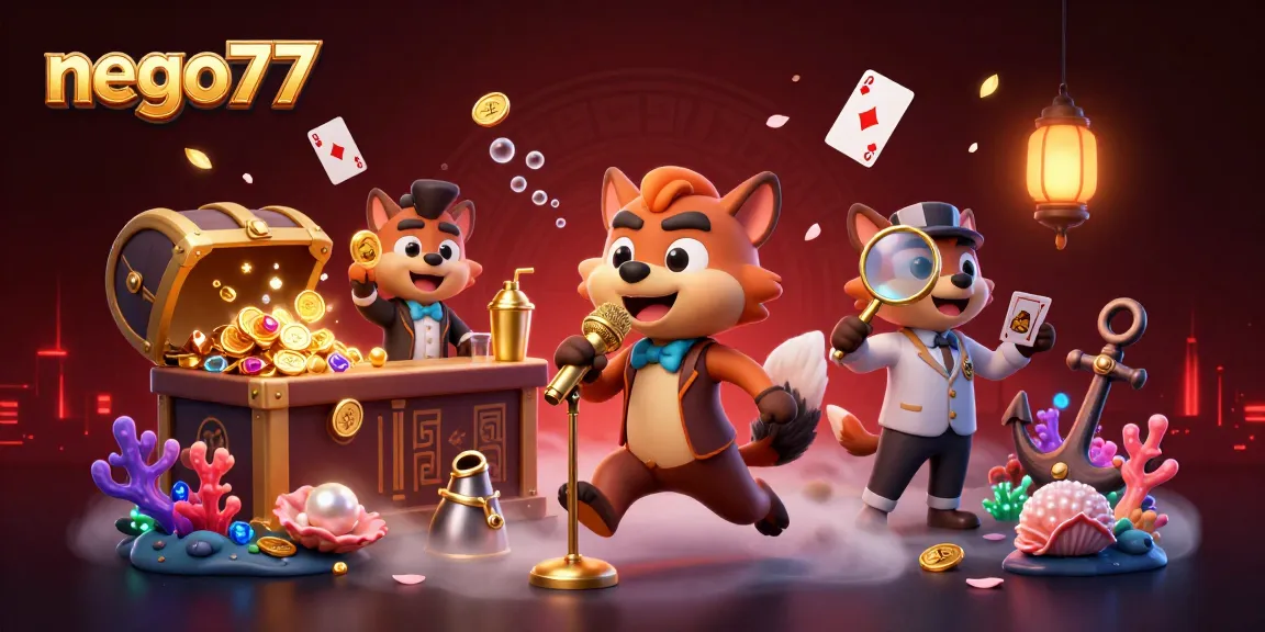 Nego77 hyenas performing in a vibrant comedy casino club scene with floaty games and jewels.