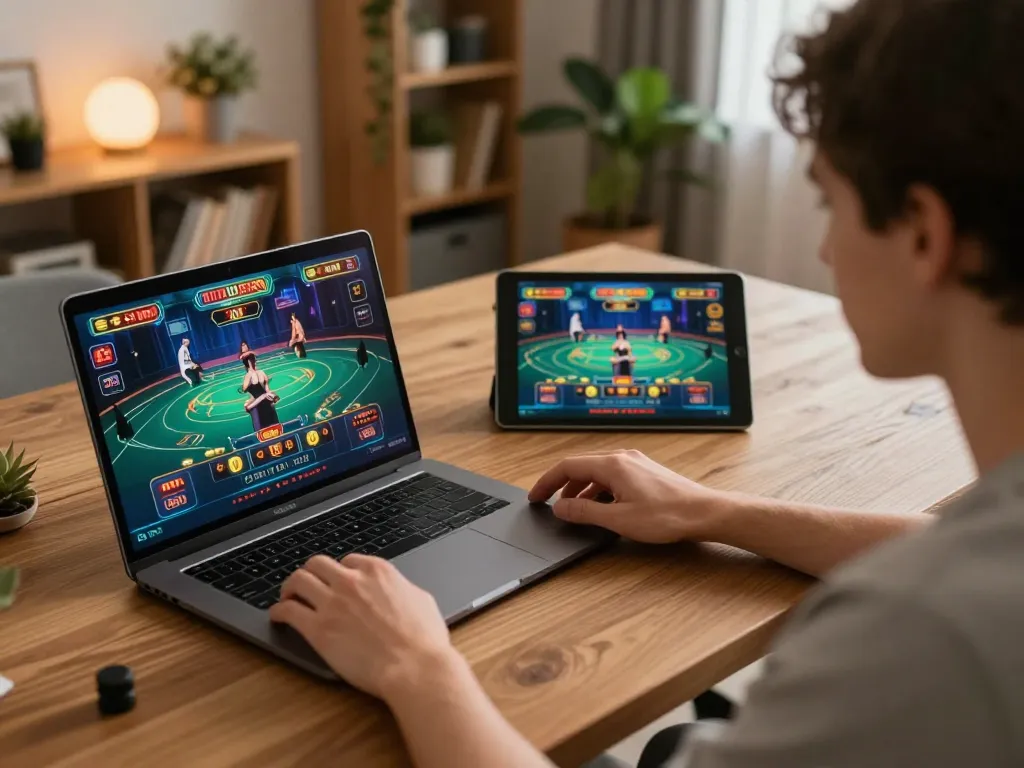 An excited user plays at https://lucky88at.com/ on their laptop, enjoying a live dealer casino game in a cozy home setting.