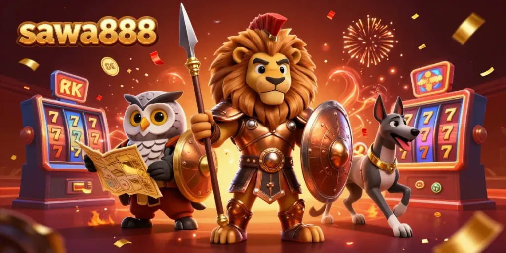 Sawa888 showcases a vivid casino scene with a Spartan lion, owl strategist, and greyhound messenger, surrounded by slot reels and festive confetti.
