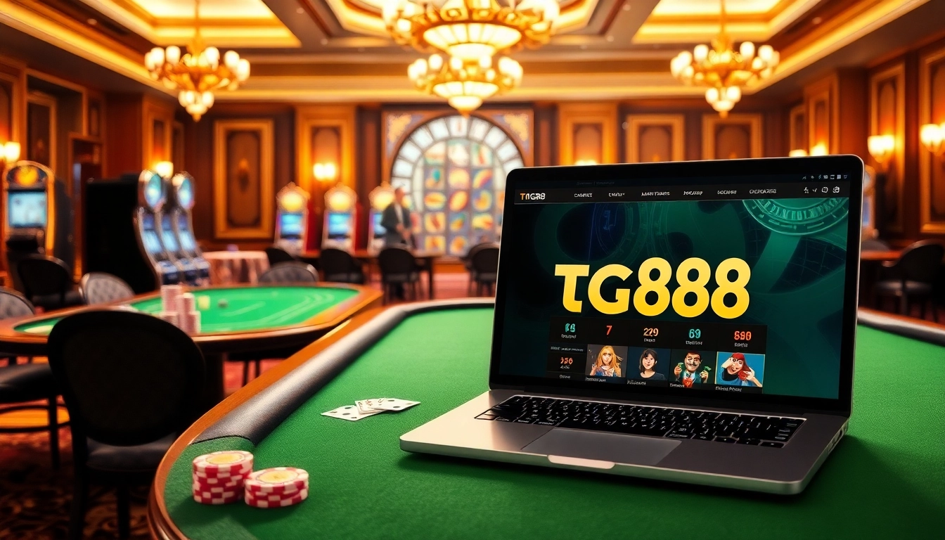 Engaging visual of tg88 đăng nhập on a stylish laptop in a luxurious casino setting.