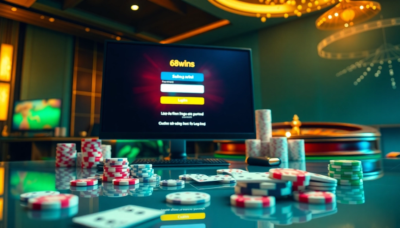 Securely log in to 68WIN's online casino with excitement and professionalism, featuring gaming elements.