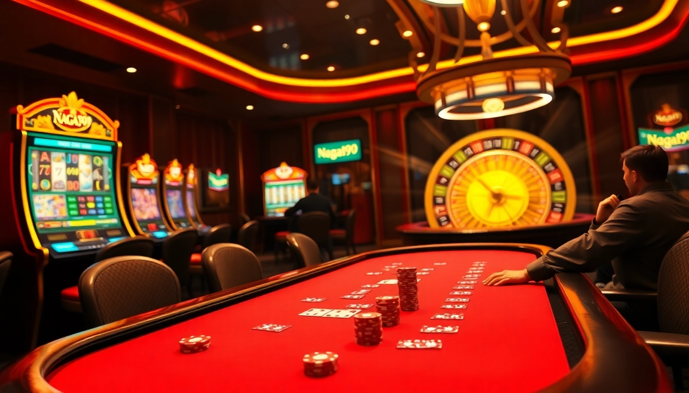 Engaging casino atmosphere with Naga99 branding, showcasing vibrant slot machines and a poker table in action.