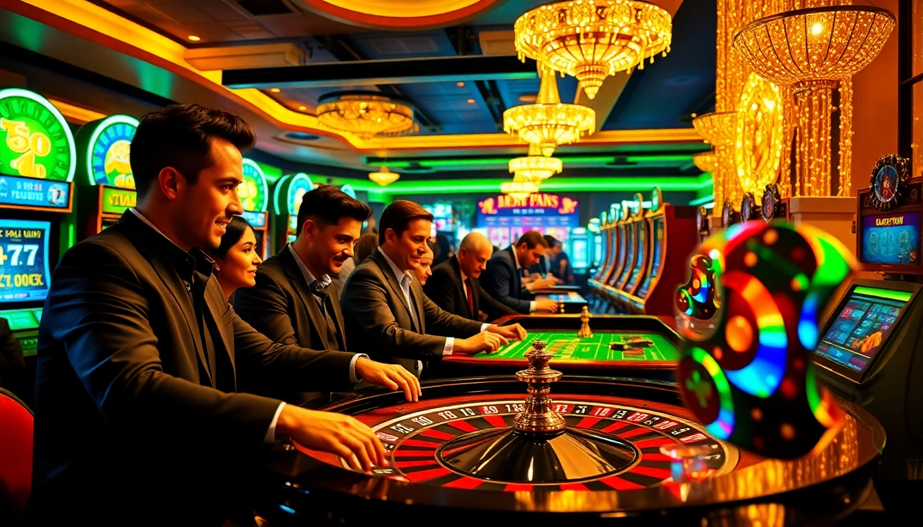 Adegan kasino yang menarik dengan roulette dan mesin slot yang menampilkan elemen vipforbest.com/ru/settlepay/registration dalam suasana yang hidup dan penuh warna.