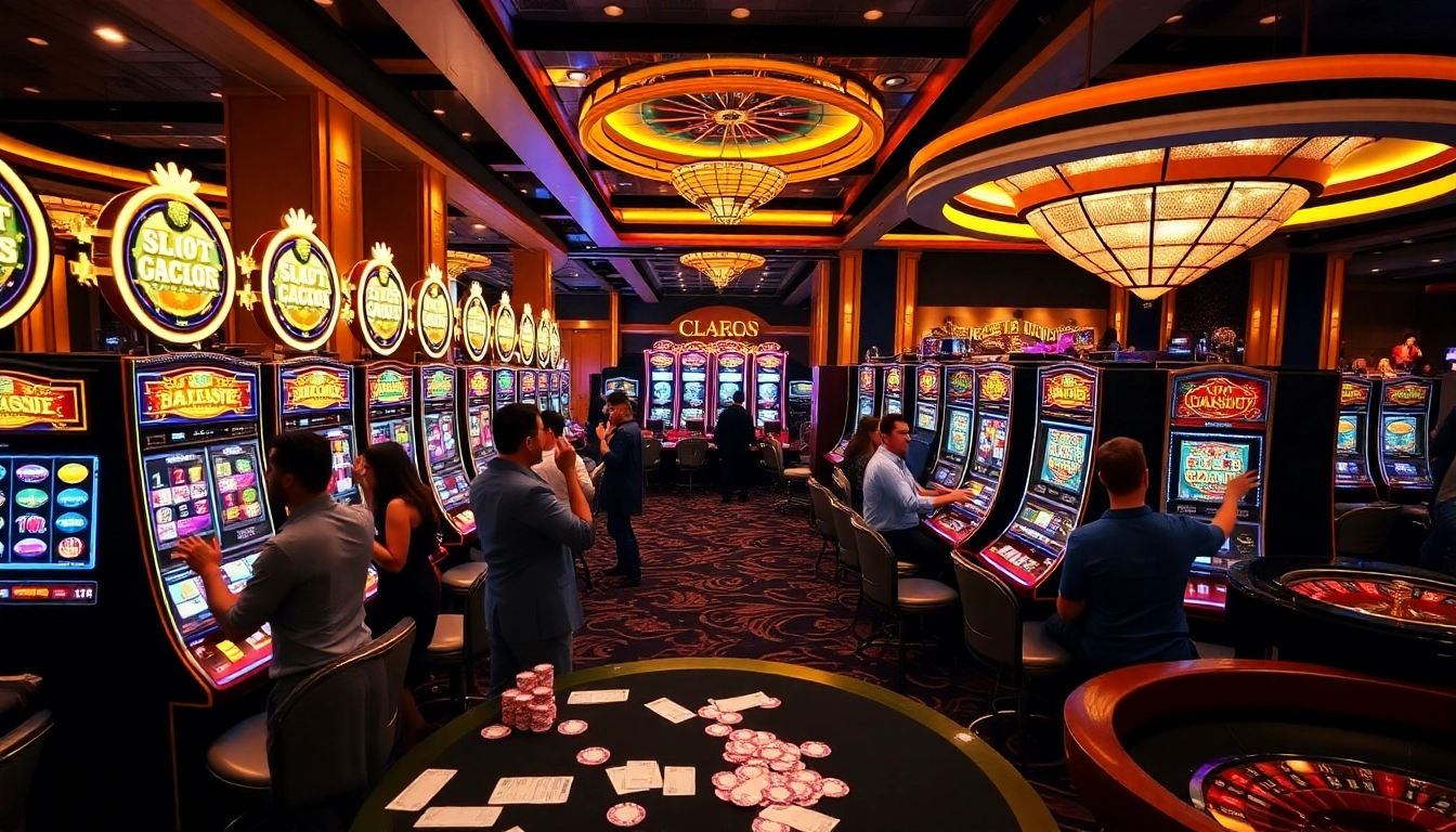 Para pemain yang antusias menikmati Slot Gacor di mesin slot kasino mewah dengan lampu berwarna-warni dan jackpot.