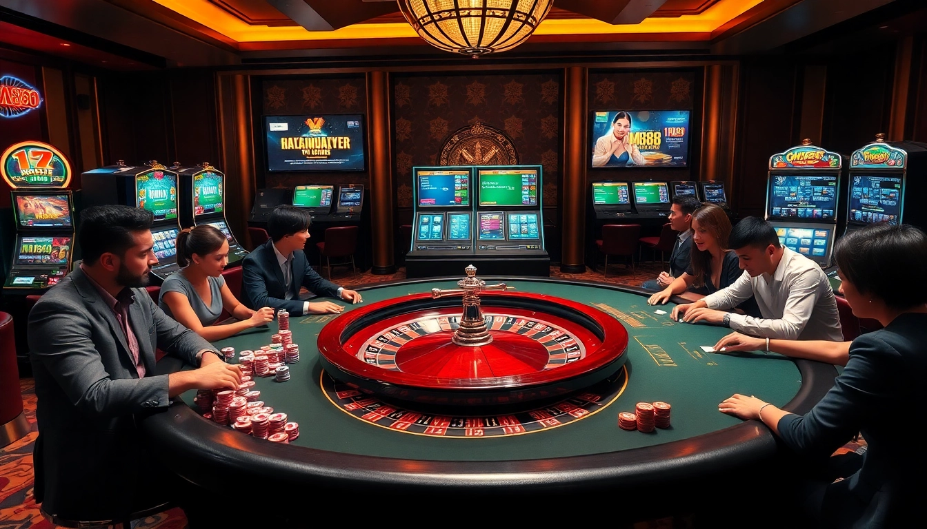 Players enjoying high-stakes action at an MM88-themed casino table with vibrant gaming elements.