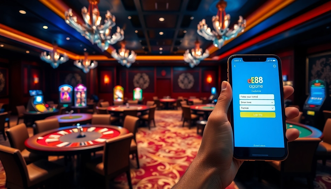 Logging into ee88 gaming platform with luxurious casino surroundings and vibrant atmosphere.