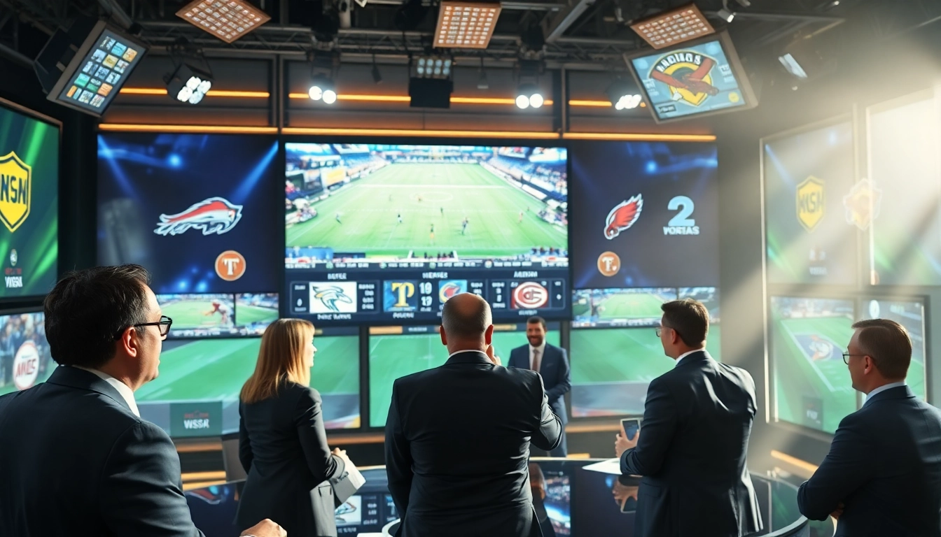 Engaging sports broadcasting scene, showcasing dynamic hosts discussing sports highlights.