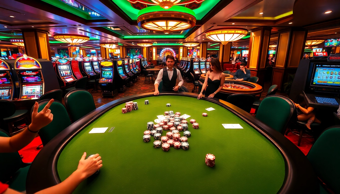 A vibrant casino scene with players at a poker table showcasing tg88 excitement and luxury.