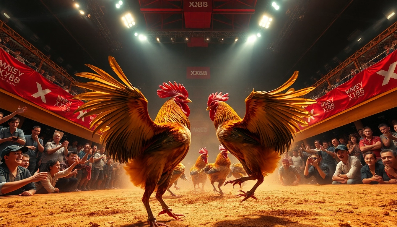 Exciting scene of a cockfighting match at XX88 arena with passionate spectators.