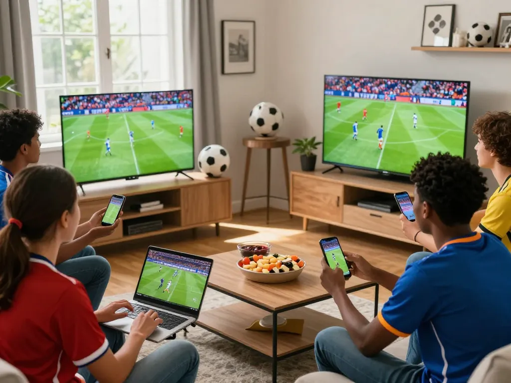 Fans enjoying lương sơn tv live football stream in a cozy living room filled with team jerseys and snacks.