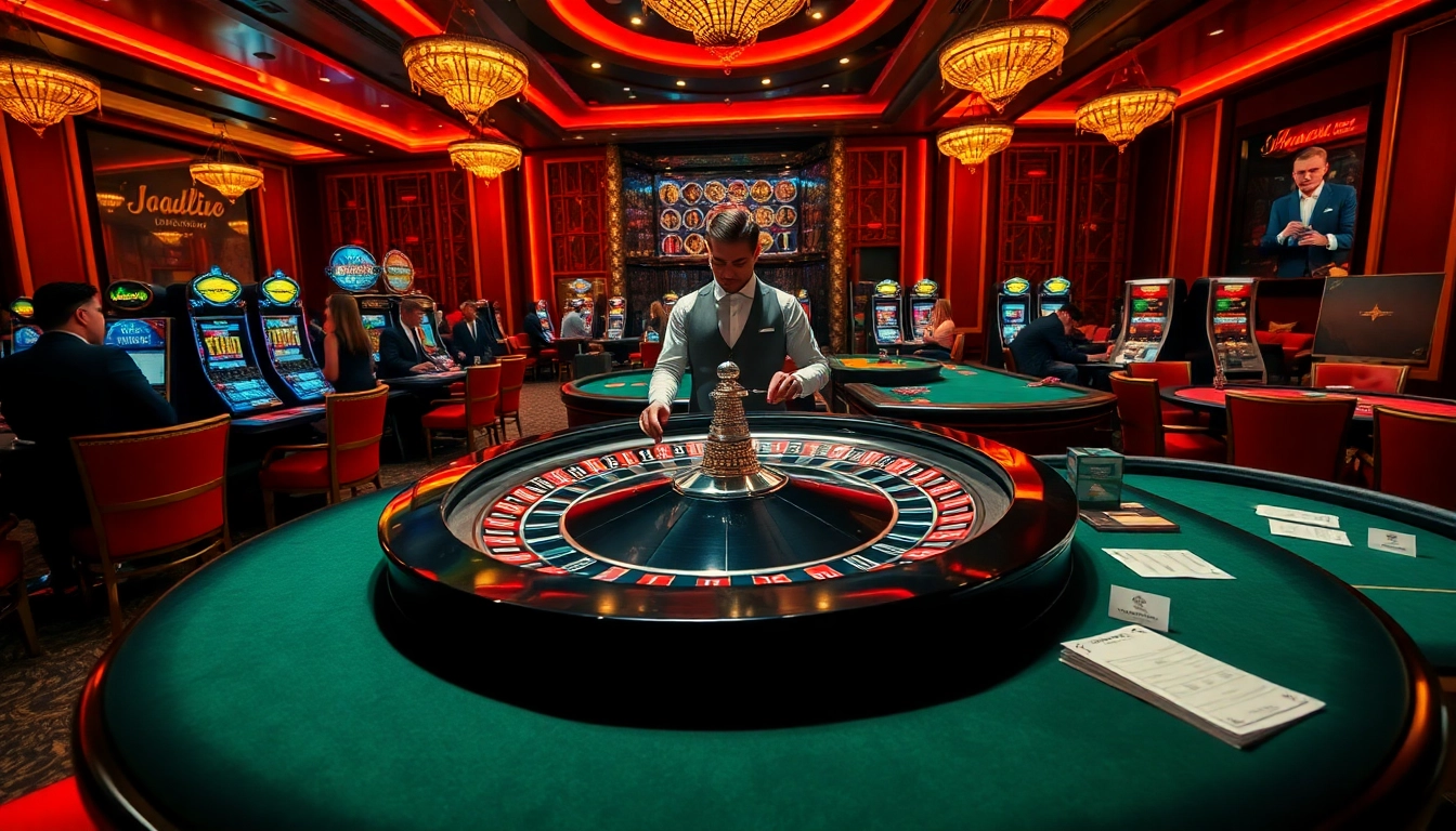 Players engaging in a thrilling casino experience with jagoan86 gambling elements and vibrant roulette table.