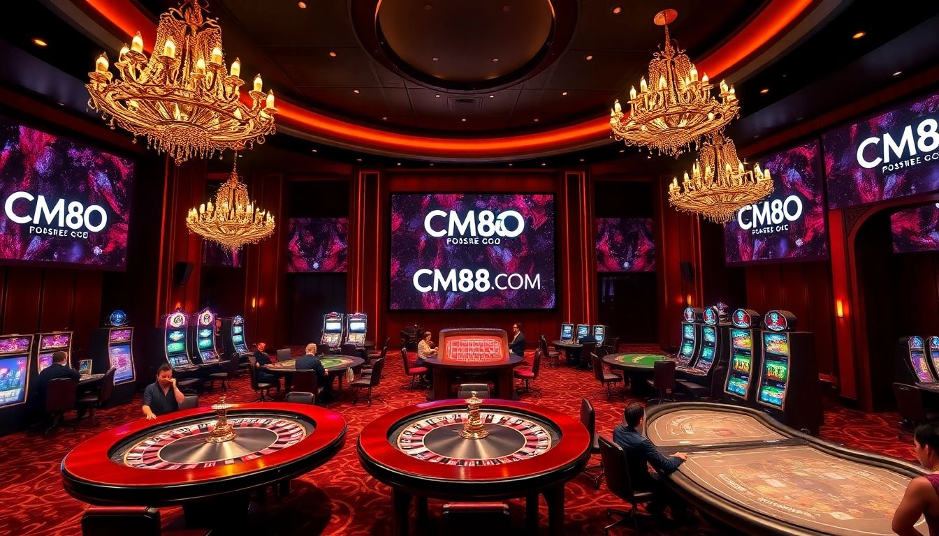 Experience the excitement of CM88 COM casino with players at roulette and blackjack tables.