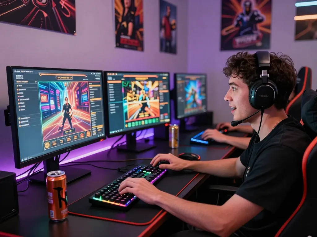Engaging gaming setup showcasing ligasedayu login process with vibrant casino graphics on dual monitors.