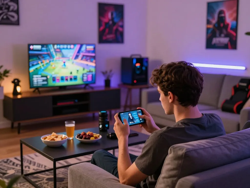 Engaged gamer downloading the latest rikvip tải app in a vibrant living room.