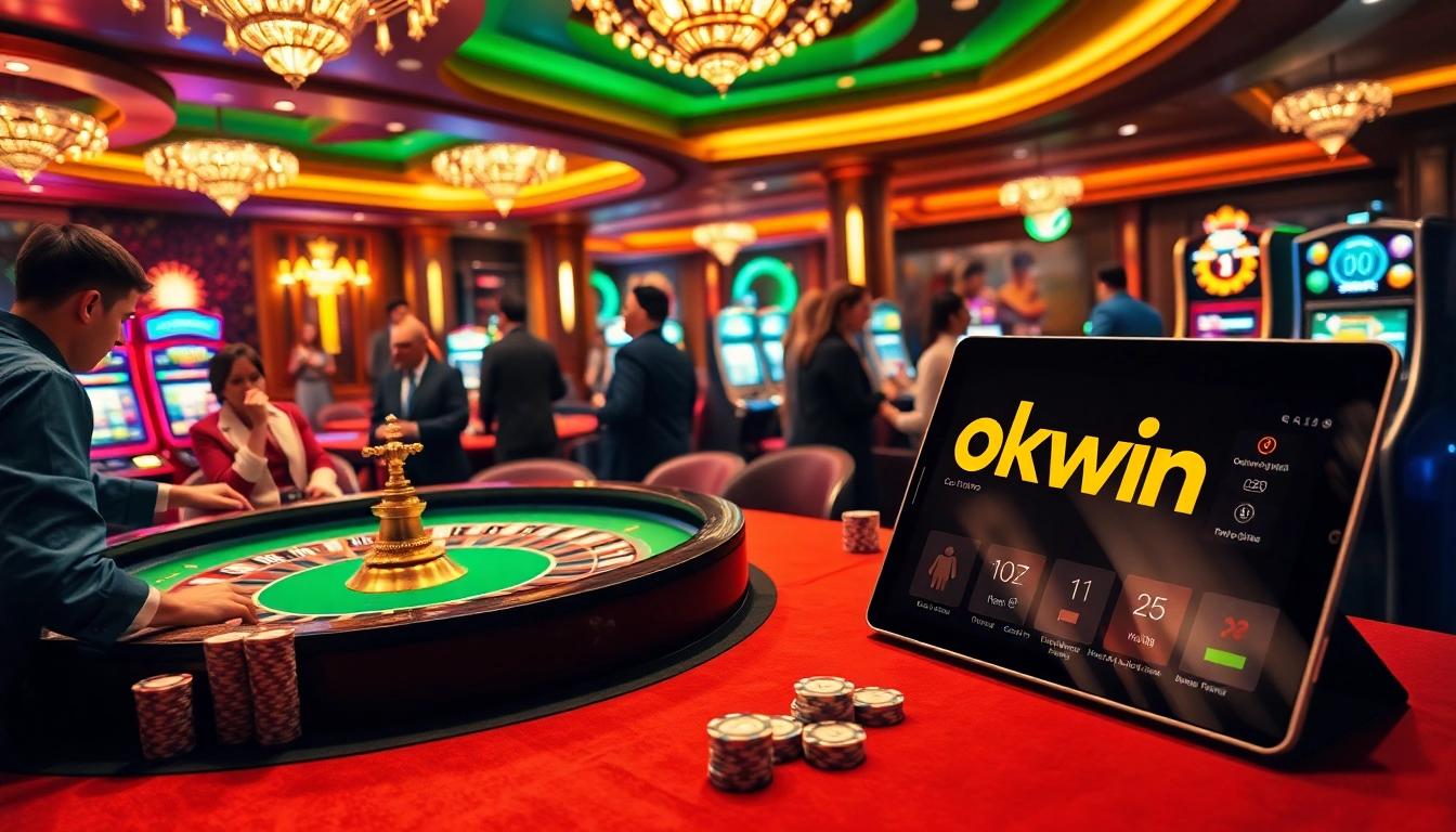 Players enjoying a lively casino scene with okwin themes, featuring poker chips and slot machines.