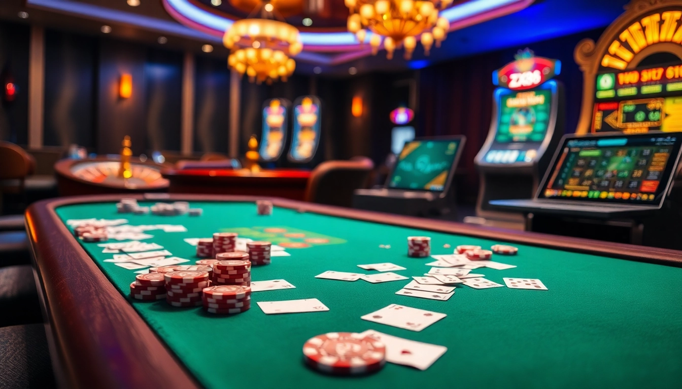 Experience the excitement of ZX88 with luxurious casino tables and vibrant slot machines.